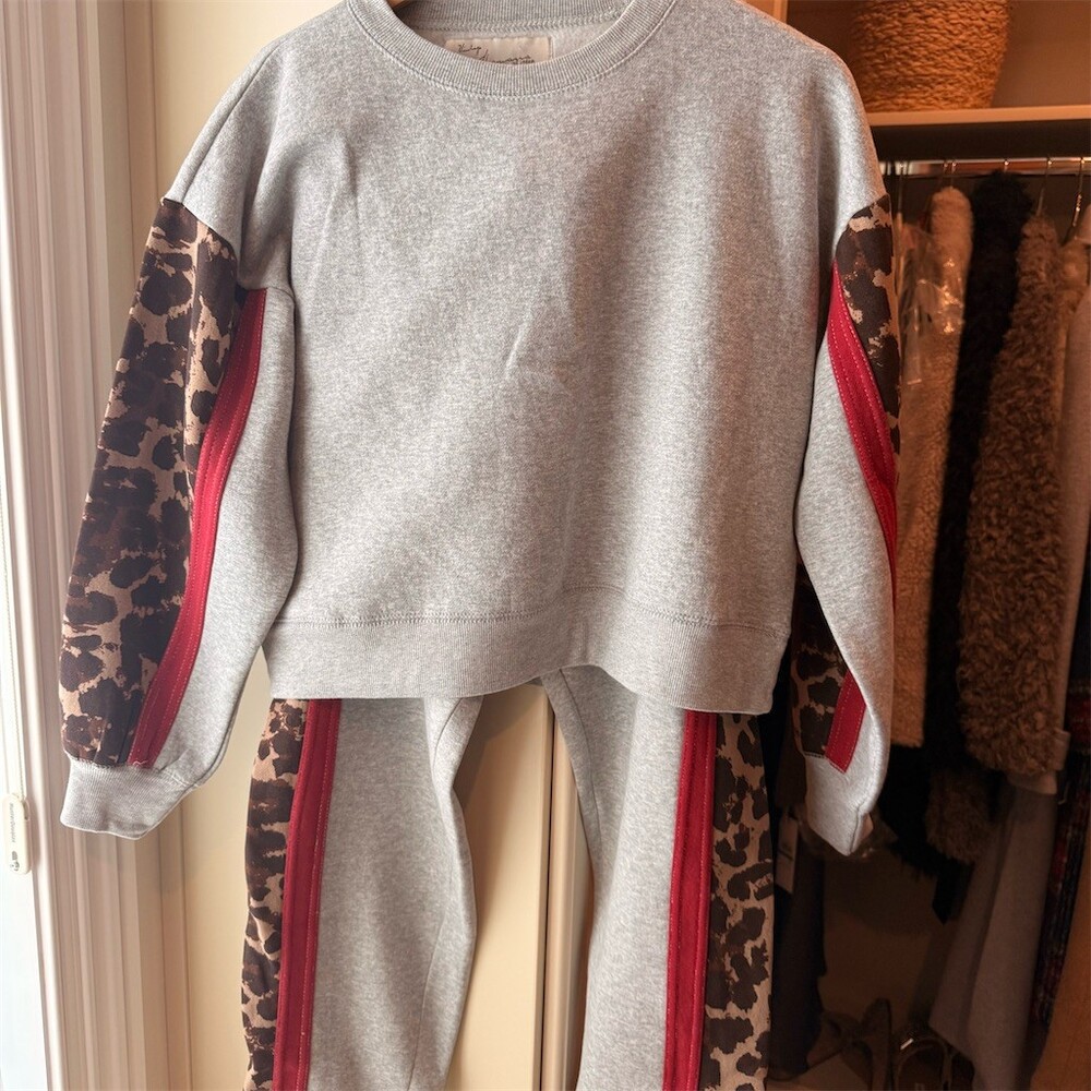 Vintage Havana Gray Track Jogger Set with Leopard & Red Trim